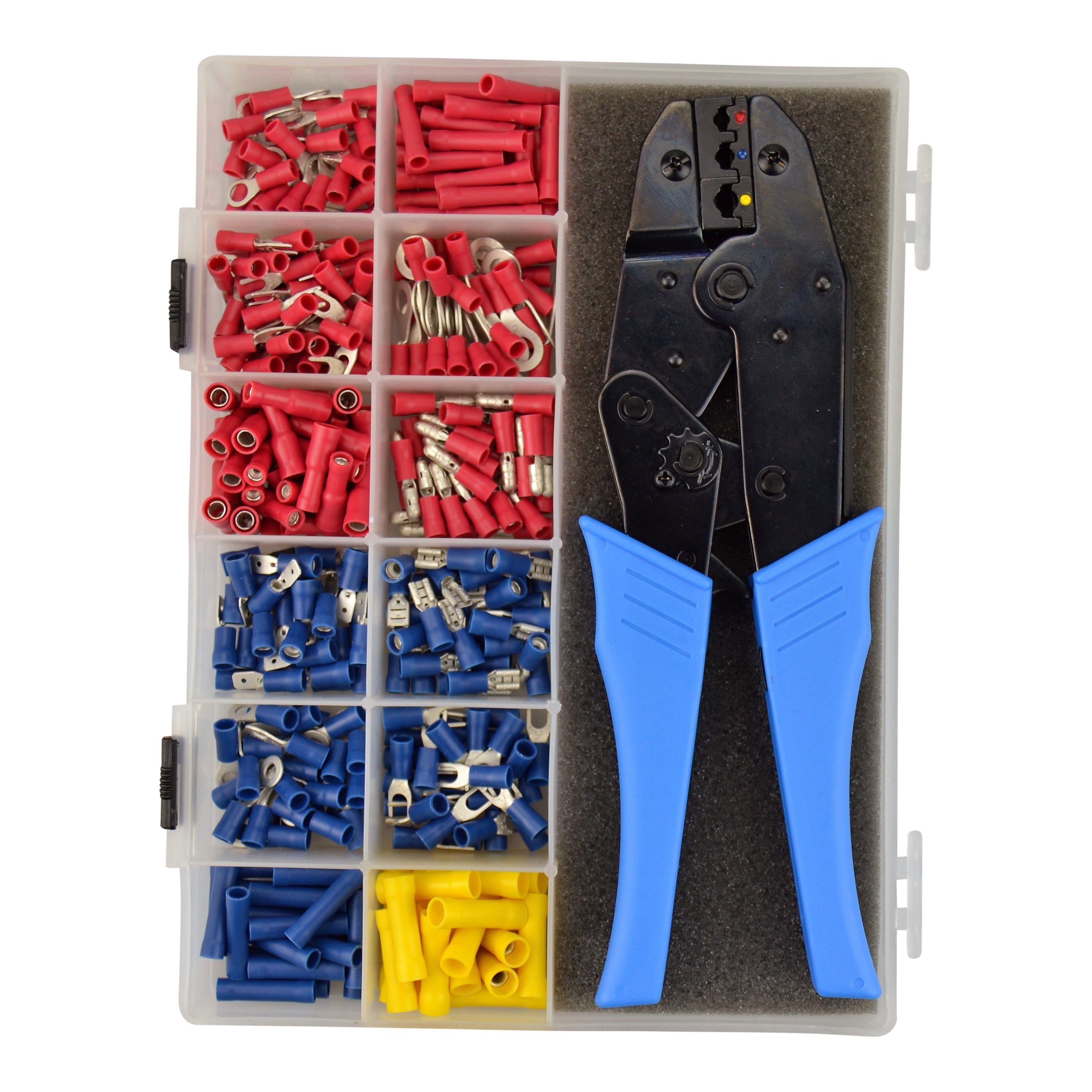 Rojo, azul y amarillo pre-aislado de terminales de crimpado Kit de surtido de alta calidad incluye trinquete herramienta de mano - 360pcs Total