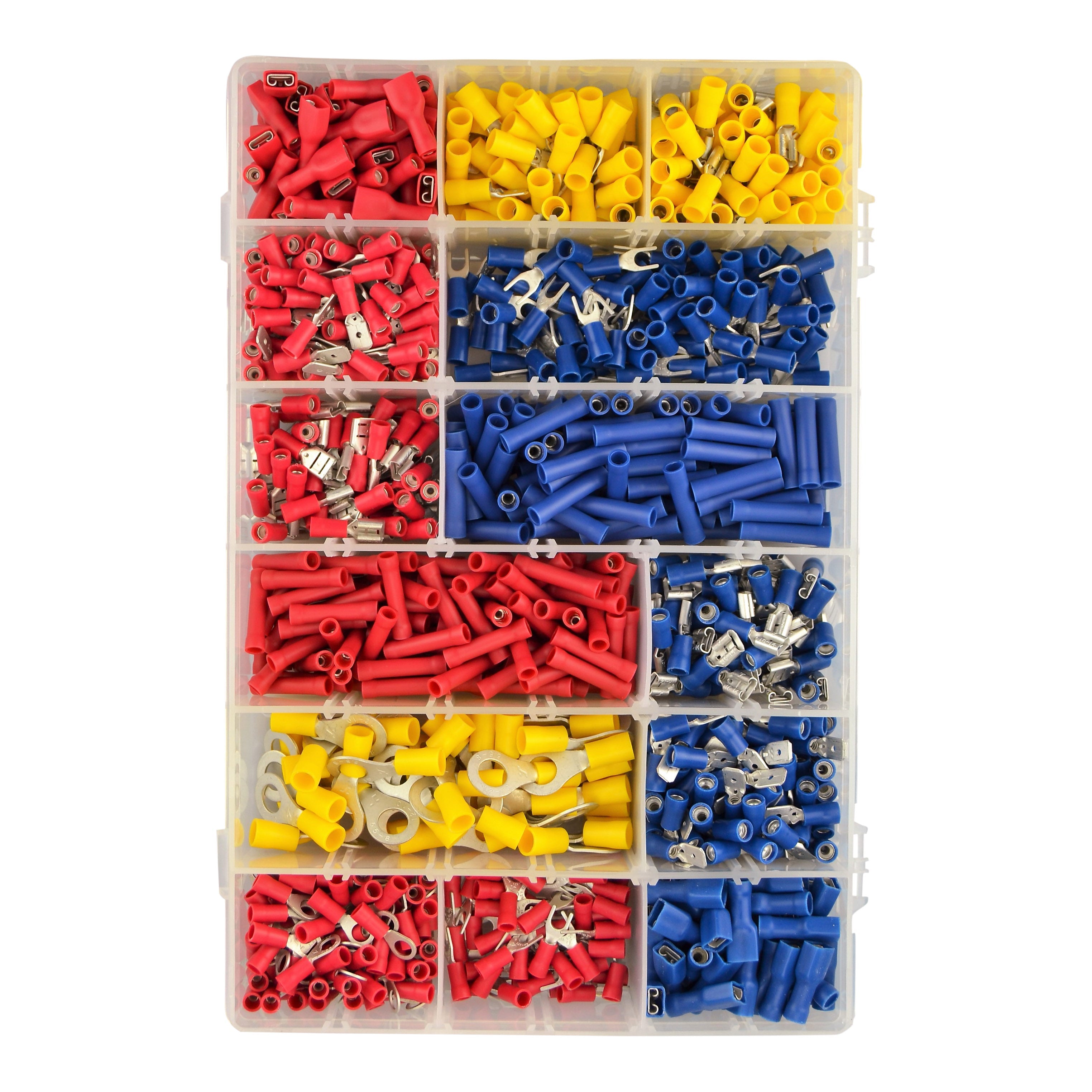 Assortiment rode, blauwe en gele voorgeïsoleerde kabelschoenen - 1000 stuks totaal