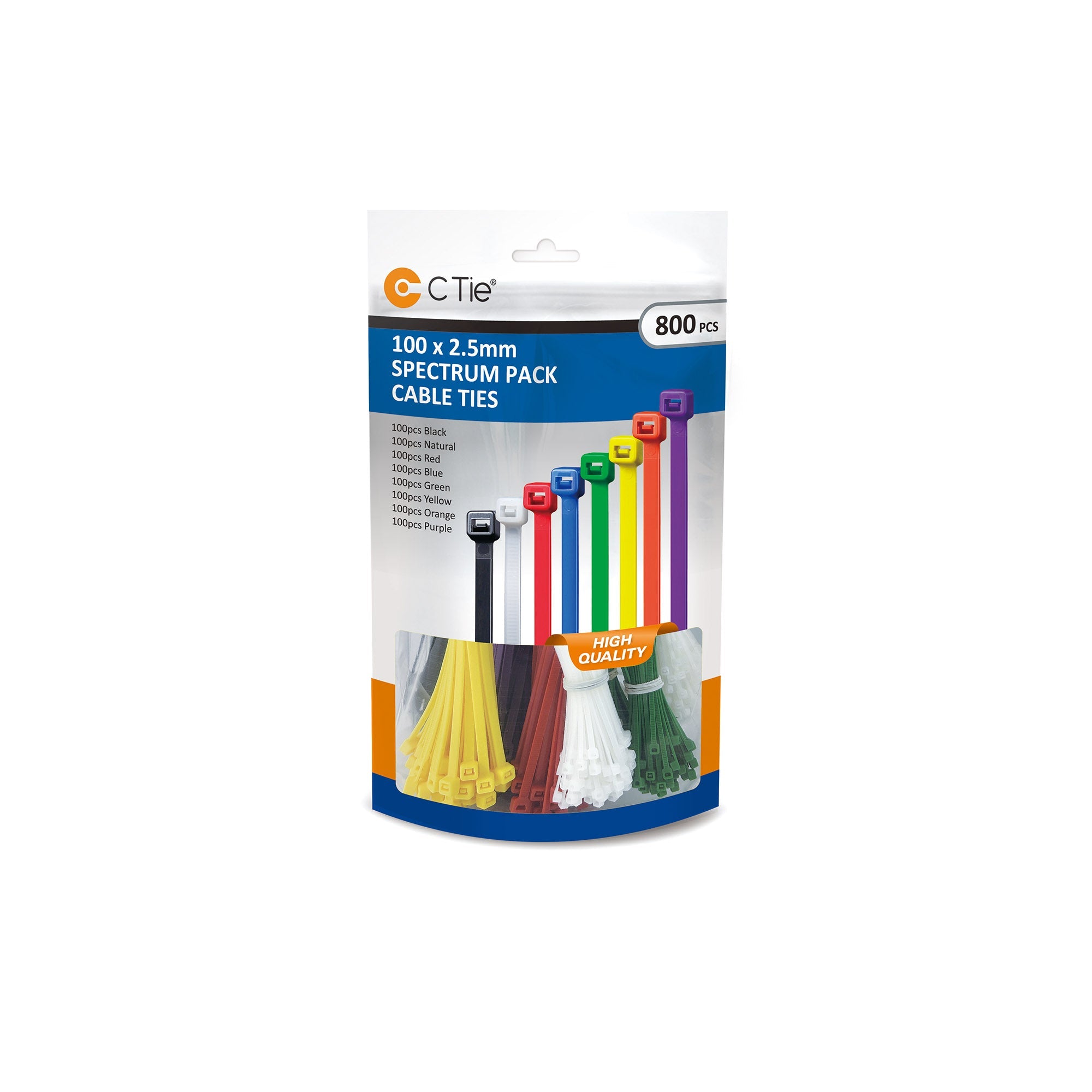 Assorted Cable Ties - 800pcs - 100 x 2.5mm - Multi Colour Spectrum Pack