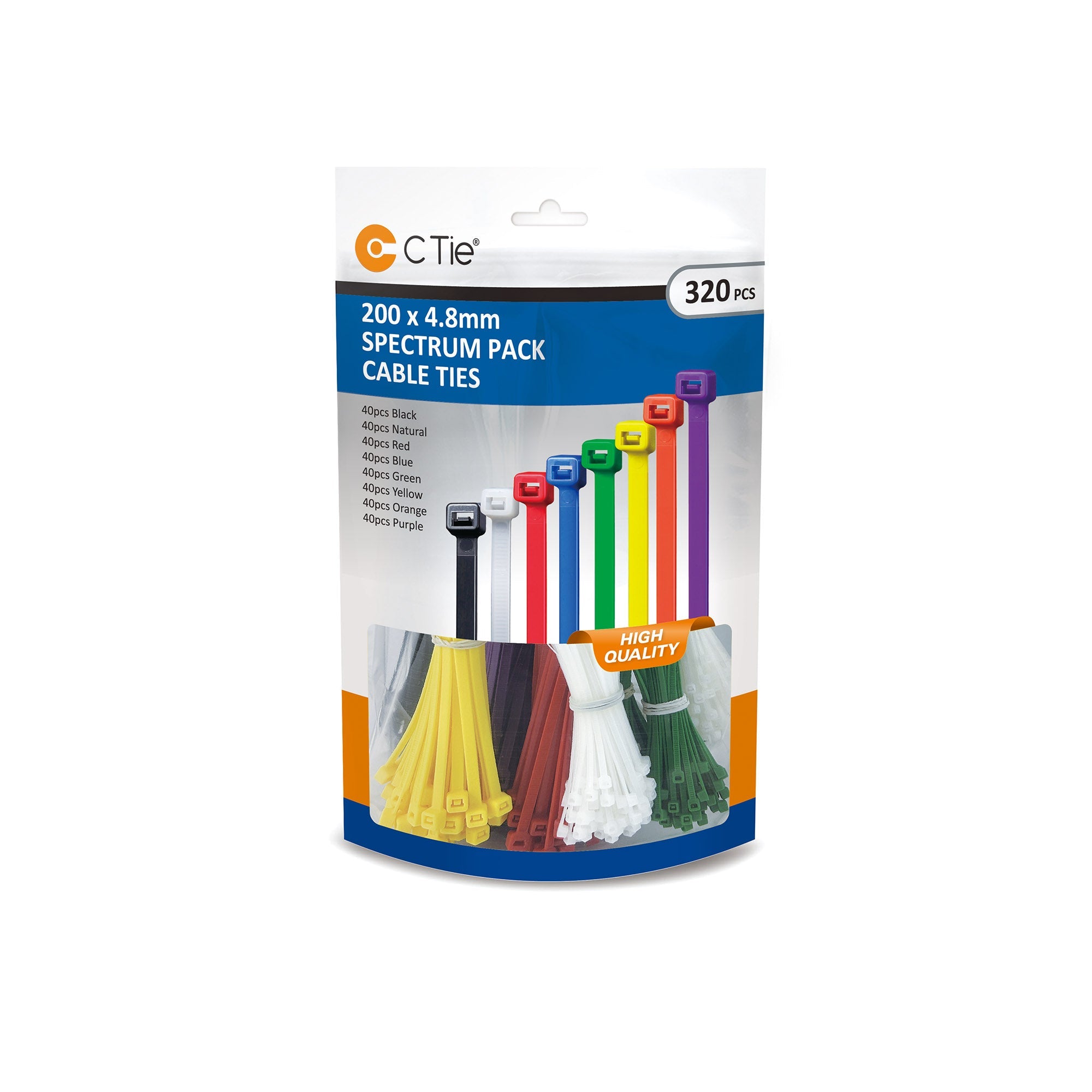 Assorted Cable Ties - 320pcs - 200 x 4.8mm - Multi Colour Spectrum Pack